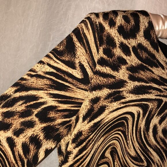 MK S Leopard Print Black Ivory Tan Long Sleeve Back Zip Jersey Shift Dress - Picture 4 of 14